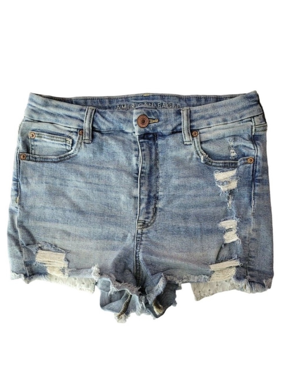 American Eagle Curvy Hi Rise Shorts Distressed Eyelet Embroidered Pockets Sz 10